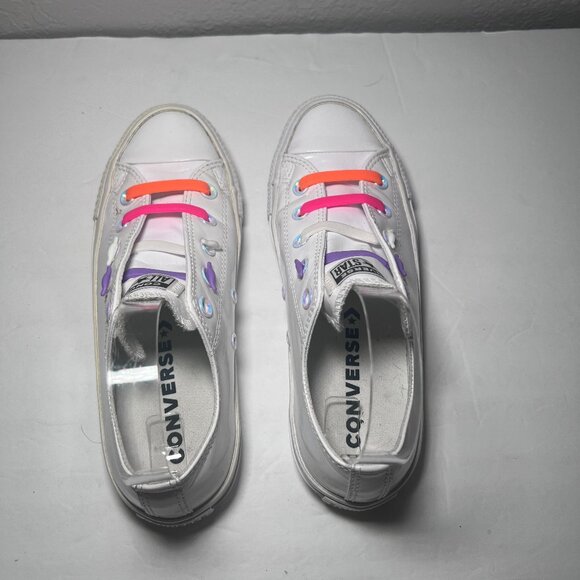 Converse Chuck Taylor All Star White Low Top Sneakers Colorful Laces - Picture 7 of 9